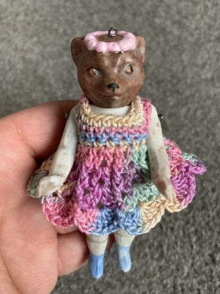 Bisque Hertwig Carl Horn Miniature Jtd 3” Tiny Bear Adorable Crocheted Dress