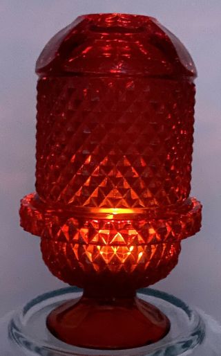 Vintage Viking Glass Diamond Point Glimmer Fairy Lamp Ruby Red Candle Mcm