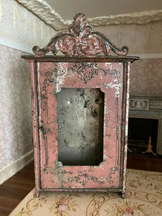 Antique Miniature French Dollhouse Distressed Chippy Pink Tin Armoire 1920 