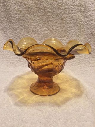 Vintage Viking Glass Amber Ruffled Top " Leaf Pattern " Pedestal Bowl/dish