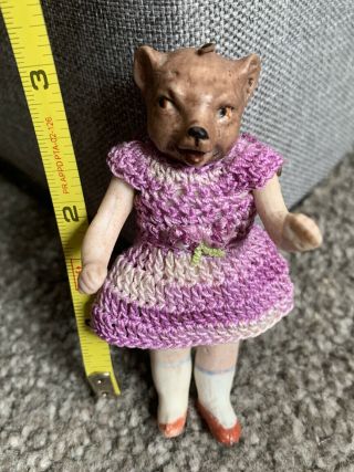 Bisque Hertwig Carl Horn Miniature Jtd 3” Tiny Bear Adorable Purple Dress