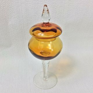 Vintage Amber Glass Empoli Bon Bon Dish Lidded Apothecary Jar 1960s Twisted Stem