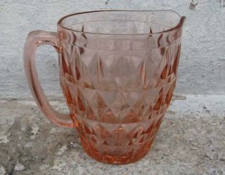Vintage Jeannette Glass Windsor Pattern Pink Glass Drink Pitcher Cubist Diamond