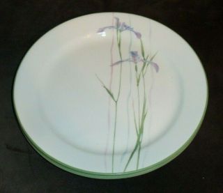 4 Corelle Corning Shadow Iris 10 1/4 " Dinner Plates Purple Floral Green Trim Rim