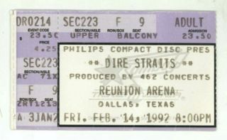 Rare Dire Straits 2/14/92 Dallas Tx Reunion Arena Ticket Stub Mark Knopfler