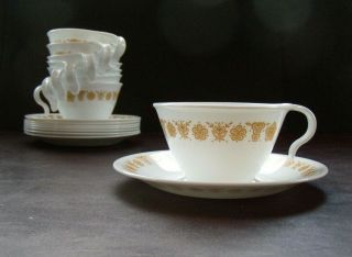 Set Of 8 Corelle - Butterfly Gold Coffee/tea - Open/hook Handle Cups & Saucers