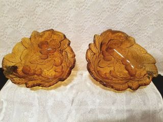 2 Vintage Indiana Glass Loganberry Carnival Amber Bon Bon Dishes Leaves Berries