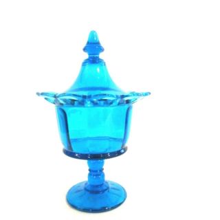 Blue Glass Standing Candy Dish Open Lace Edge With Lid 10 " Tall