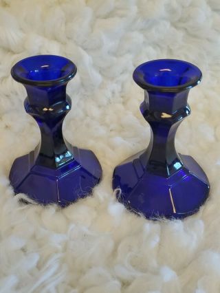 Vintage Cobalt Blue Glass Candle Holders 4 - 1/4 " X 3 - 1/4 " Octagon Base B2