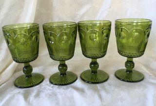 Set Of 4 Vintage Bartlett Collins Manhattan Green Goblets,  Water Or Wine Glasses