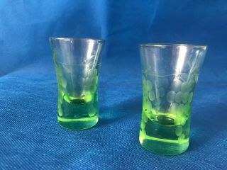 Set Of 2 Green Depression Vaseline Glass Shot Glasses.  Etched With Grapes &.