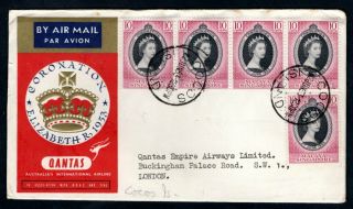 Malaya 1953 Qantas Qe2 Coronation Airmail First Day Cover,  Cocos Island Postmark