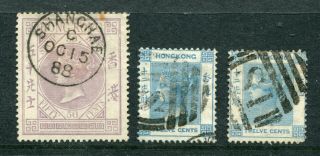 Old China Hong Kong Gb Qv 3 X Stamps - Treaty Port Shanghai Cds Or S1 Pmks