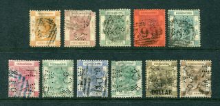 Old China Hong Kong GB QV 11 x Stamps with Perfins 2