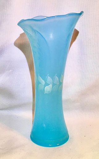 Vintage Depression Ice Blue Opalescent Glass Bud Vase With Ruffled Edge 8 " Tall