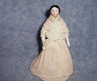 Antique German Porcelain China Head Dollhouse Doll 3.  3 " Pretty Face Slight Smile