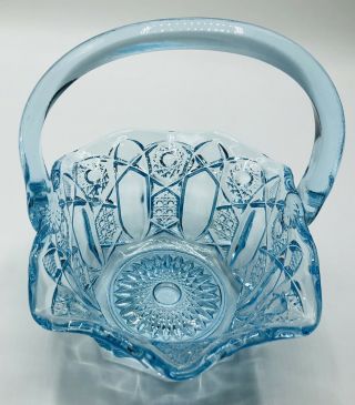 Vintage L.  E.  Smith Ice Blue Carnival Glass Basket Quintec Pattern.