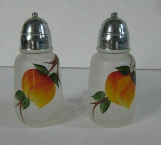 Vintage Hazel Atlas Frosted Peach Hand Painted Glass Salt & Pepper Shakers