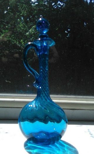 Vintage Hand Blown BLENKO Teal Glass DECANTER with STOPPER 3