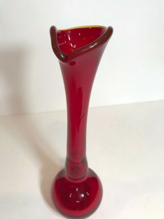 Vintage Hand Blown Ruby Red Yellow Art Glass Vase 11” Swung Amberina Mid Century