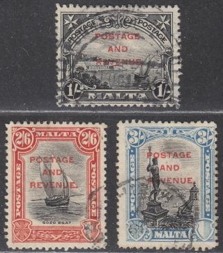 Malta 1928 King George V Overprint 1sh,  2sh6d,  3sh Sg186 Sg189 - 190