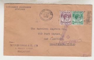 Straits Settlements,  1940 Censored Cover To Usa,  Kgvi 2c.  Green,  10c.  Purple.