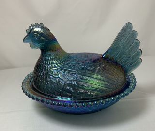 Vintage Indiana Glass Blue Carnival Iridescent Hen On Nest