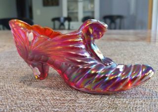 Fenton Red Carnival Opalescent Hand Painted Cat Head Glass Slipper / Shoe