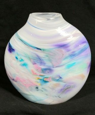 Vintage Murano Style Art Glass Vase Hand Blown Pontil Mark 6 " Tall White Purple