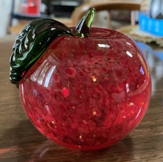 Vintage Art Glass Red Apple Paperweight Controlled Bubbles 3” High