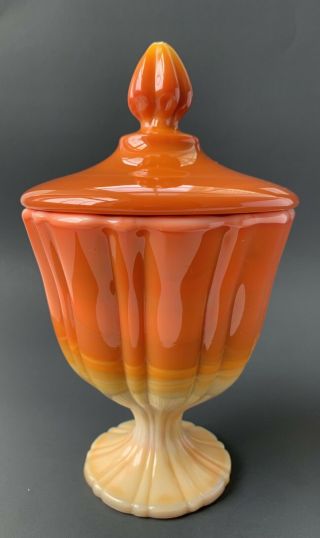 Vintage Bittersweet Orange Slag Glass Mcm Covered Candy Dish W/lid Le Smith?