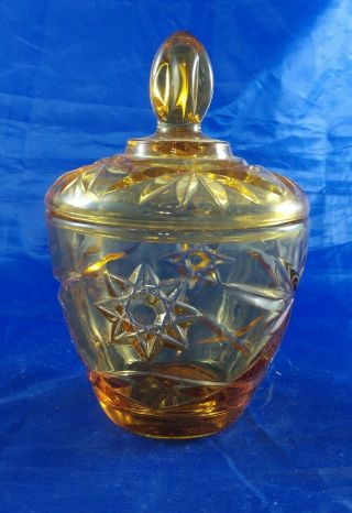 Vintage Anchor Hocking Amber Star Of David Cut Clear Glass Lid Sugar Bowl