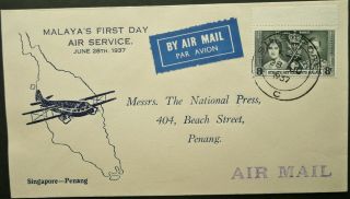 Malaya 28 Jun 1937 First Day Air Service Cover From Penang To Singapore - See