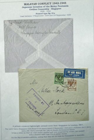 Malaya 9 Sep 1939 Airmail Cover From Singapore To London,  England - Censored