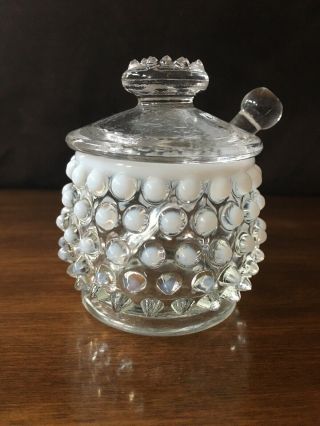 Vintage Fenton Glassware Hobnail Opalescent Pattern Mustard Jam Jar,  Lid,  Spoon