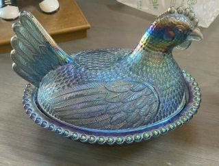 Vintage Indiana Blue Carnival Glass Hen On The Nest Animal Covered Dish W/lid