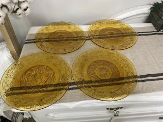 Amber Glass Plates Set Of 4 Vintage 9 1/2 Inches Diameter