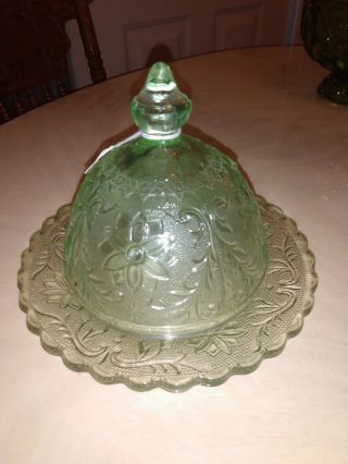 Vintage Covered Butter Cheese Dish Chantilly Green Tiara Indiana Sandwich Glass