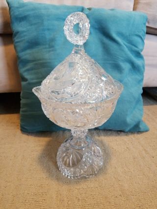 Vintage Heavy Crystal Cut Glass Tall Footed Dish With Lid 13in Tall.  W/birds