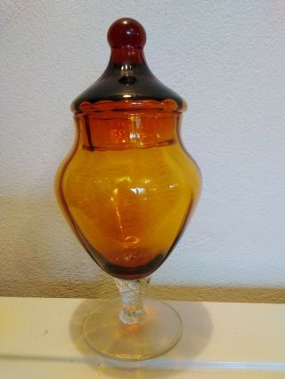 Vintage Amber Glass Empoli Apothecary Pedestal Jar / Candy Dish & Lid 8 "