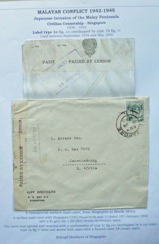Malaya 15 Jan 1940 Censored Cover From Singapore To Johannesburg,  South Africa