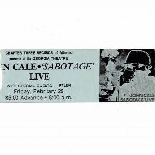 John Cale Concert Ticket Stub Athens Ga 2/29/80 Sabotage Velvet Underground Rare
