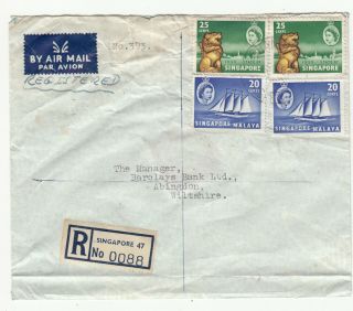Malaya Singapore 1959 Reg Cover From The Chartered Bank Changi To England.