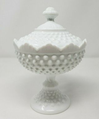 Fenton White Milk Glass Hobnail Footed Pedestal Compote Dish W/lid Vintage