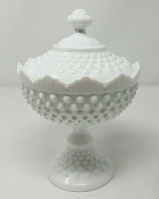 Fenton White Milk Glass Hobnail Footed Pedestal Compote Dish w/Lid Vintage 2