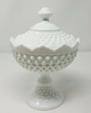 Fenton White Milk Glass Hobnail Footed Pedestal Compote Dish w/Lid Vintage 3