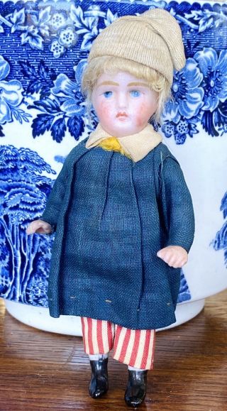 Antique French All Bisque Doll 4” 1/2 Marked Mti Anchor Dollhouse