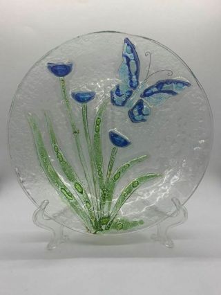 Fused Art Glass Plate - Blue And Green With Butterfly And Floral Design - 9 ½”