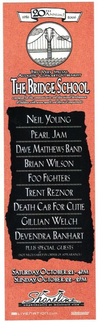 2006 Bridge School Neil Young Pearl Jam Trent Reznor Benefit Concert Handbill