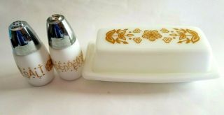 Vintage Butterfly Gold Pyrex Salt & Pepper Shakers & Butter Dish